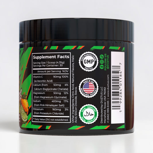 DUZTUS electrolytes supplement facts hydration powder minerals sodium potassium magnesium